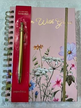 Journal Floral Spiral Notebook in Pink with Gold Pen ‘Bloom With Grace’